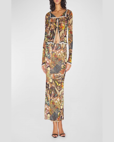 Papillon Butterfly-Print Mesh Maxi Skirt