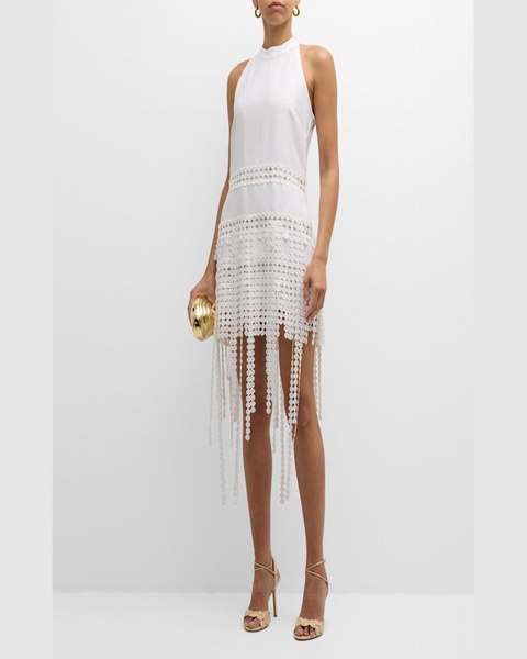 Althea Fringe Lace-Trim Halter Mini Dress