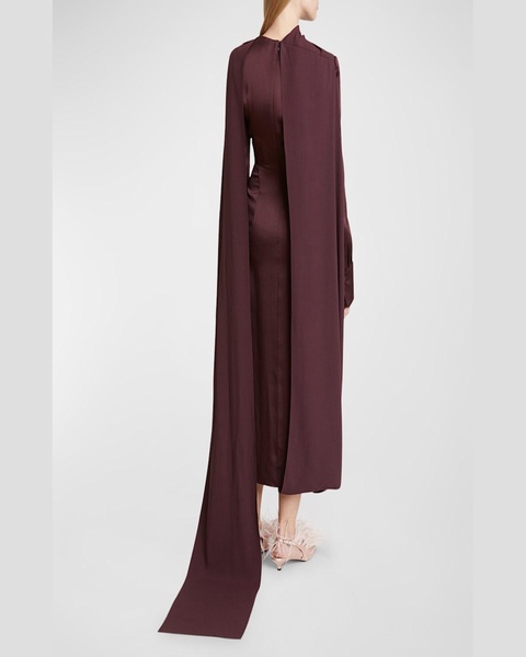 Long-Sleeve Draped Scarf Satin Maxi Dress