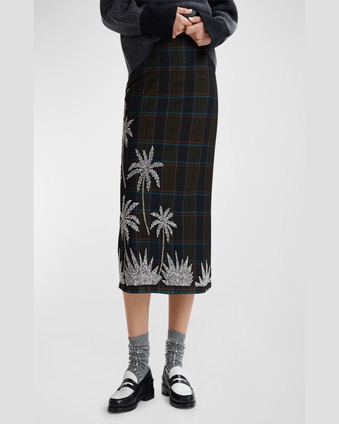 Greyhound Checked Mesh Embroidered Midi Skirt