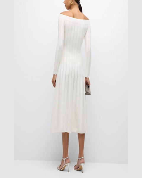 Off-The-Shoulder Long-Sleeve Pointelle Knit Godet Maxi Dress