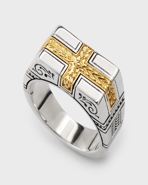 Men's Sterling Silver and 18K Yellow Gold Laurel Cross Ring