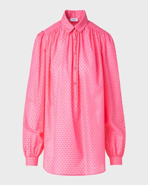 Swiss Dot Techno Crepe Long-Sleeve Collared Blouse