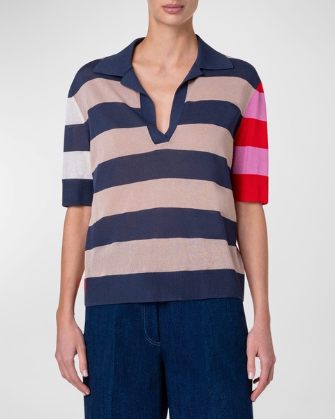 Colorblock Striped Knit Polo Sweater