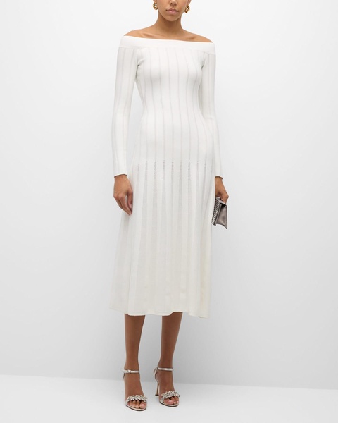 Off-The-Shoulder Long-Sleeve Pointelle Knit Godet Maxi Dress