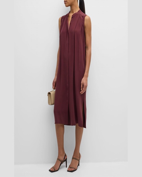 Pleated Silk Georgette Crepe Midi Shirtdress