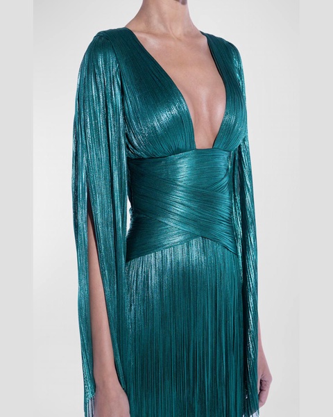 Alana Plunging Long-Sleeve Metallic Plisse Slit Gown