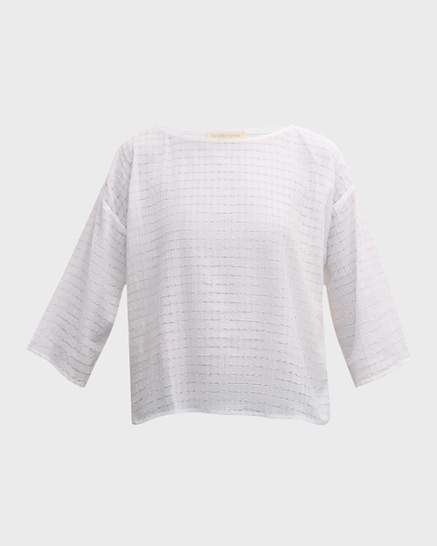 Bateau-Neck Grid Organic Cotton Voile Shirt