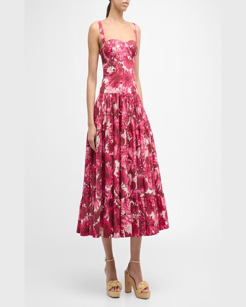 Santiago Bustier Tiered Floral Poplin Midi Dress