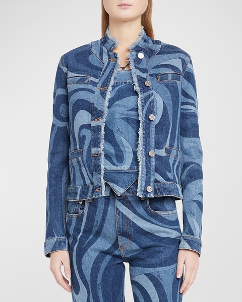 Swirl-Print Denim Button-Front Jacket