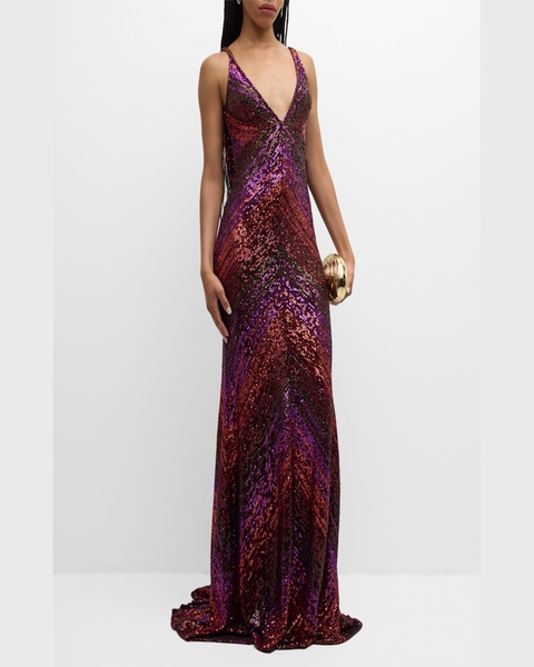 Plunging Sequined Cowl Backless Gown