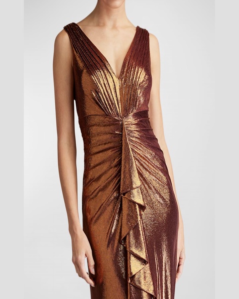 Pleated Metallic Jersey Column Gown