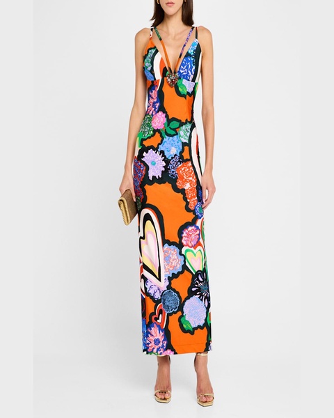 Heart-Print Strappy Maxi Dress