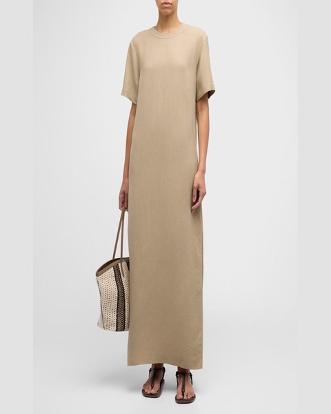 Fluid Linen Twill T-Shirt Dress with Slits and Monili Detail