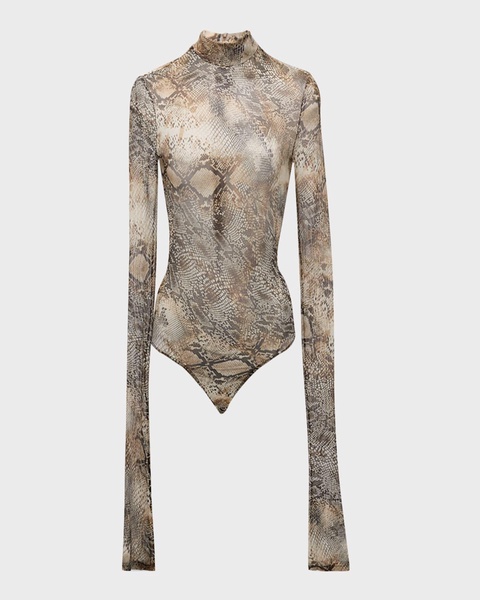 Snakeskin-Print Mesh Mock-Neck Long-Sleeve Bodysuit