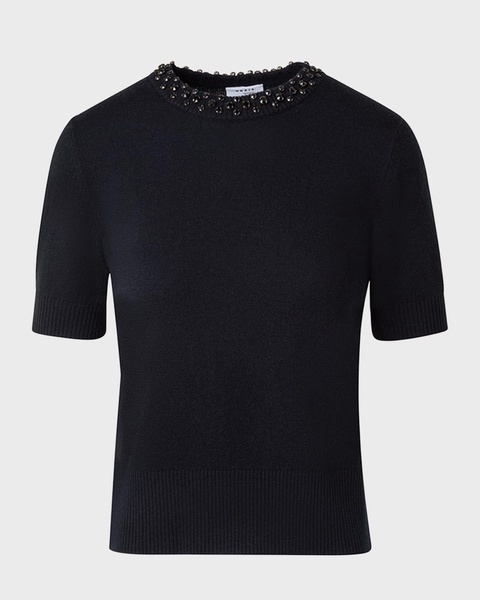 Crystal Studs Short-Sleeve Cashmere-Wool Sweater