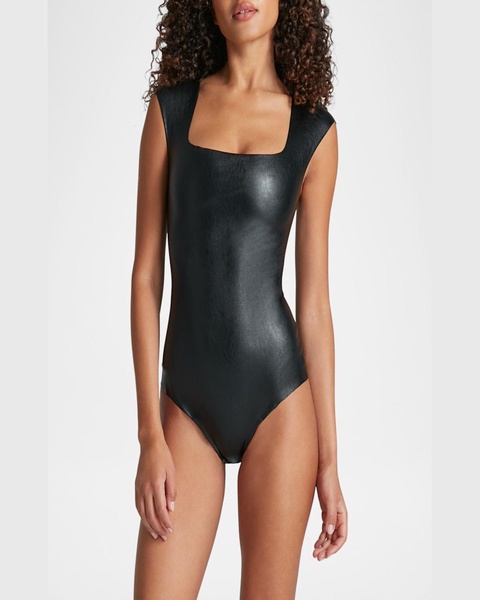 Cap-Sleeve Faux Leather Bodysuit