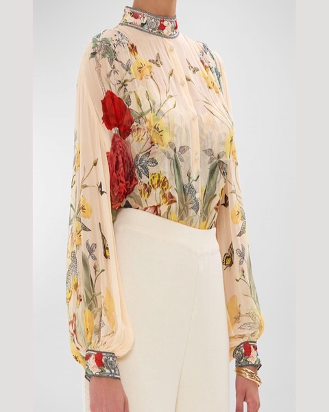 Floral Crystal-Embellished Button-Front Blouse