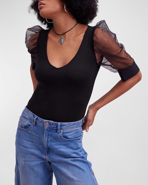 Aerial Sheer Puff-Sleeve V-Neck T-Shirt