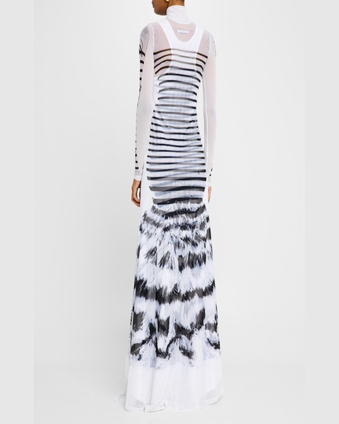 Feather Mariniere-Printed Mesh Long-Sleeve Gown