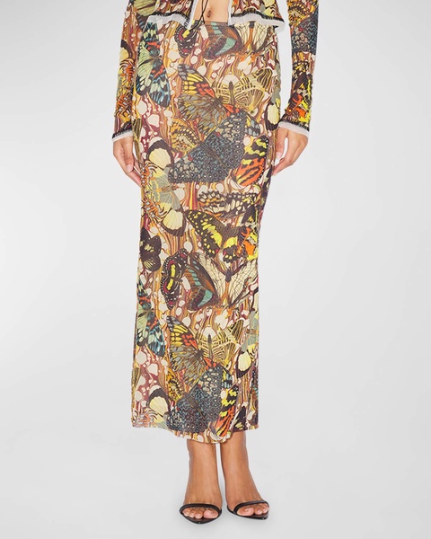 Papillon Butterfly-Print Mesh Maxi Skirt