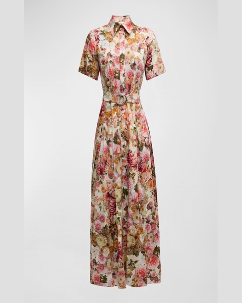 Leighton Floral-Print Short-Sleeve Belted Midi Shirtdress