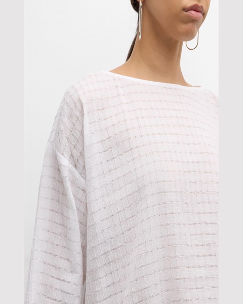 Bateau-Neck Grid Organic Cotton Voile Shirt