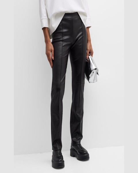 Leather Pintuck Straight-Leg Pull-On Stovepipe Pants