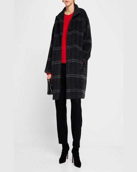 Snap-Front Plaid Wool Coat