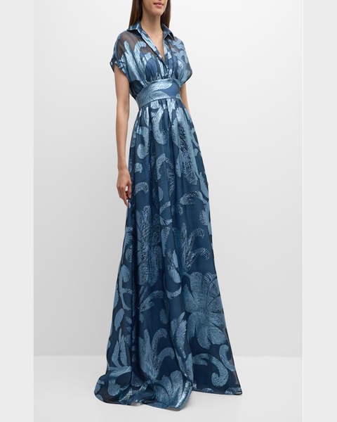 Metallic Floral Collared Gown