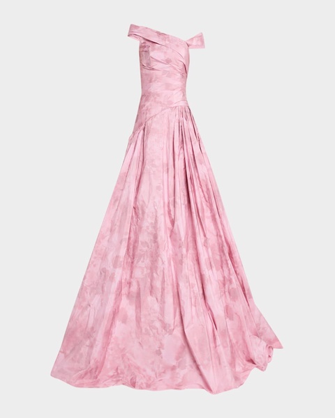 Off-The-Shoulder Floral Taffeta Asymmetrical Gown