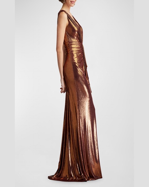 Pleated Metallic Jersey Column Gown