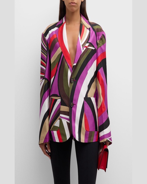 Abstract-Print Single-Breasted Silk Jacket