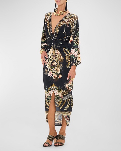 Long Split Front-Twist Floral Midi Dress