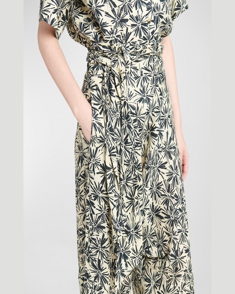 Yuki Flower-Print Wrap-Waist Wide-Leg Crop Linen Pants