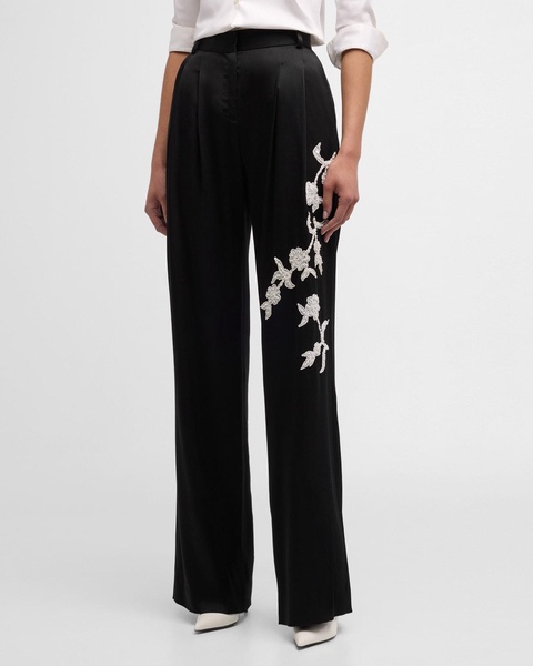 Flora Applique Pleated Wide-Leg Satin Crepe Pants