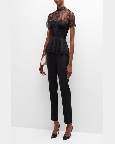 Kehlani Sheer Lace Short-Sleeve Peplum Bustier Top