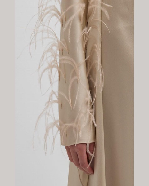 Feather-Embellished Doubleface Satin Long-Sleeve Caftan