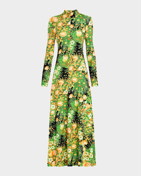 Garden Floral-Print Turtleneck Zip Maxi Dress