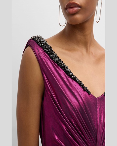 Crystal Open-Back Gunmetal Oil Jersey Knotted Gown