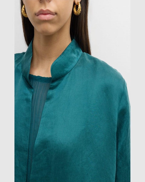 Mandarin-Collar Open-Front Satin Jacket