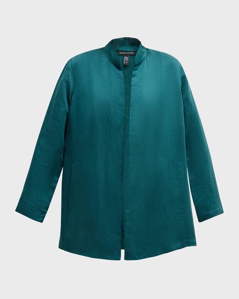 Mandarin-Collar Open-Front Satin Jacket