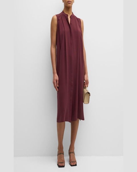 Pleated Silk Georgette Crepe Midi Shirtdress