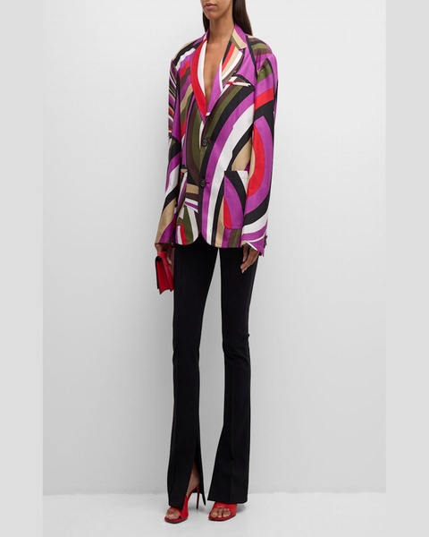 Abstract-Print Single-Breasted Silk Jacket