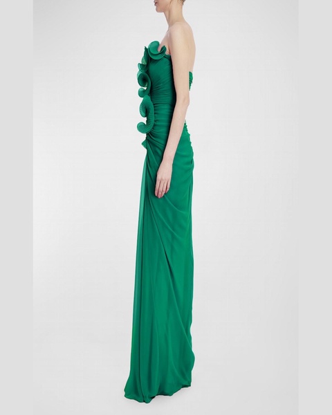 Strapless Pleated Ruffle Column Gown