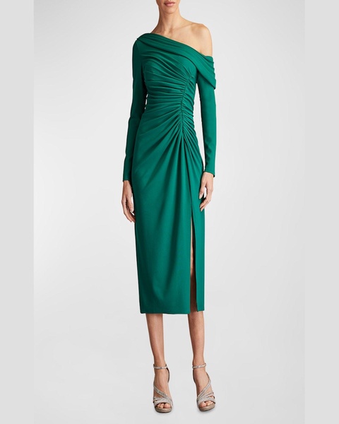 Ruched One-Shoulder Crepe Midi Dress