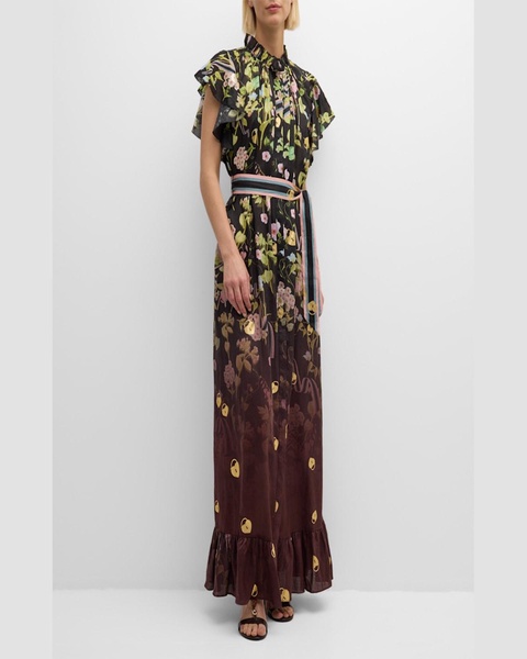 Ombre Floral-Print Flounce Kaftan