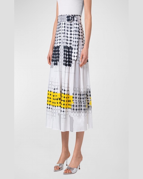 Skyscraper Facade-Print Cotton Poplin Belted Midi Skirt