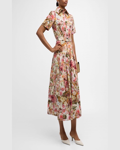 Leighton Floral-Print Short-Sleeve Belted Midi Shirtdress