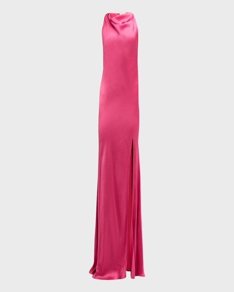 Cowl-Neck Sleeveless Slit-Hem Doubleface Satin Gown